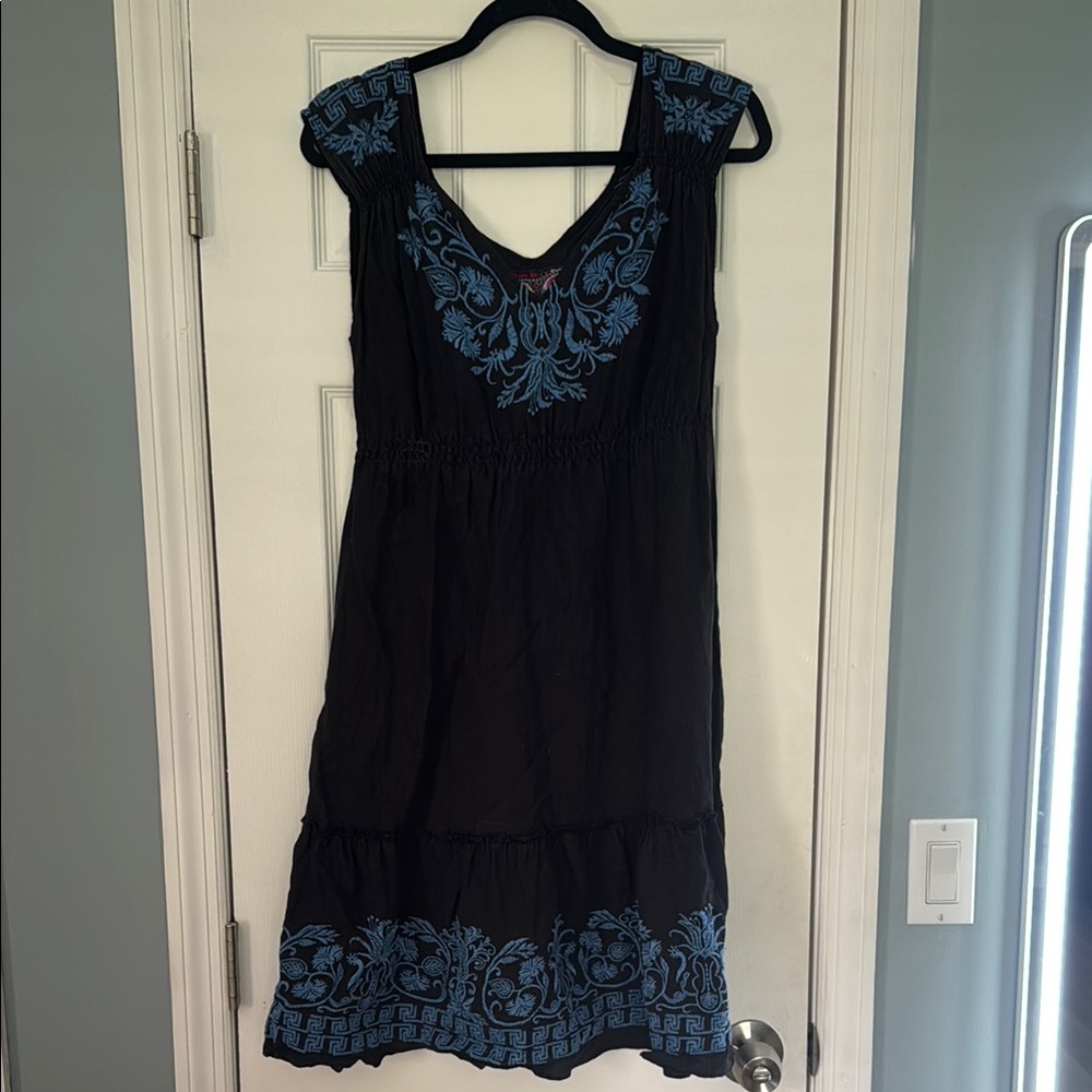 Johnny Was Black and Blue Embellished Midi Sundress